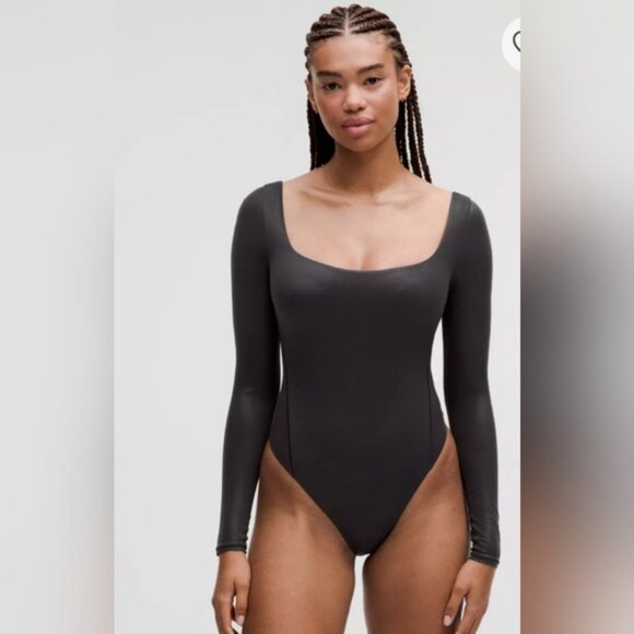 NWT Wundermost UltraSoft Nulu SquareNeck LongSleeve BodysuitShine Black M - Picture 2 of 13